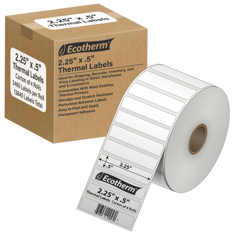 Ecotherm ملصقات حرارية مقاس 2.25 بوصة × .5 بوصة | 4 رول | 13840 تسميات | تناسب طابعات Zebra وMunbyn وRolo وGodex وArkscan وiDPRT وOffnova والمزيد | ملصقات لاصقة بيضاء فارغة من إيكوثيرم - Image 1